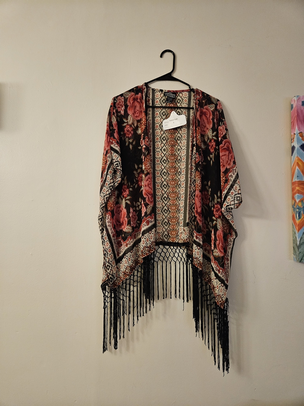 Angie NWT Floral Fringe Open-Front Kimono - Black & Rose